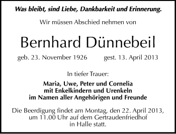 Traueranzeige von Bernhard Dünnebeil von Mitteldeutsche Zeitung